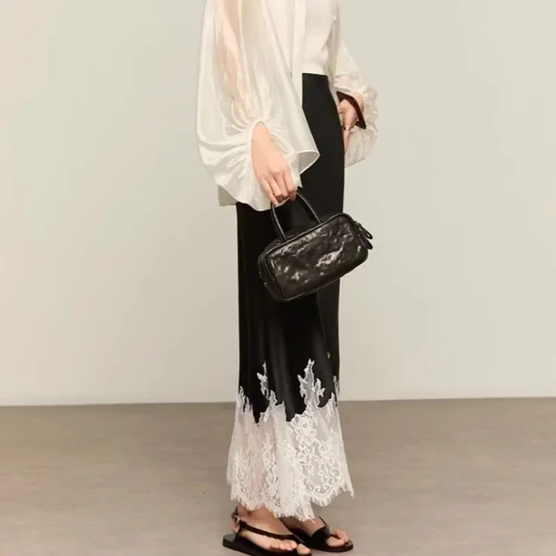 Fairy LaceTrim Midi Satin Skirt High Waist Elegant Wrapped Hip Long Skirts Party Fashion Trends Summer Women Clothing 250311