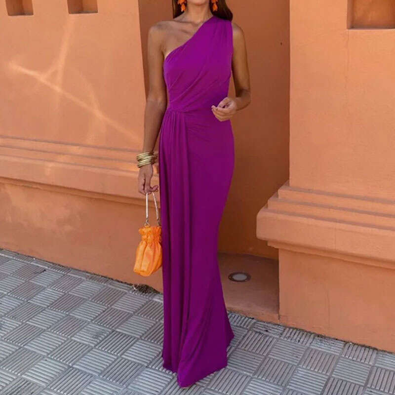 2025 Spring New Women's Clothing Elegant And Fashionable Solid Color Shoulder Long Dress KLMY