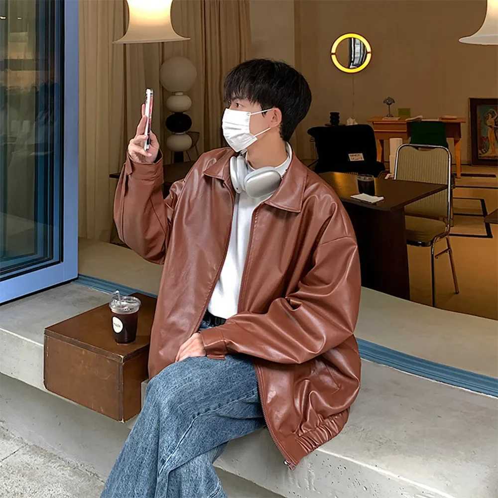 Mens Fall Loose Fit Vintage American Style Leather Jacket High End Feel Street Hong Kong Style PU Leather Jacket Casual SceneT250311