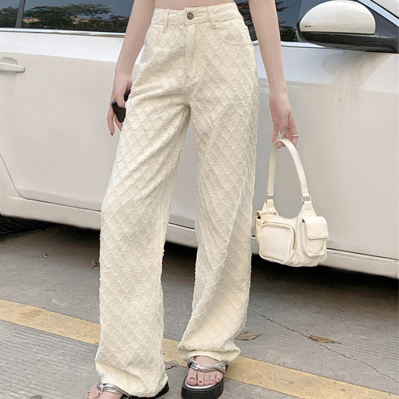 White high waisted diamond checkered womens jeans spring jacquard wide leg pants 250306