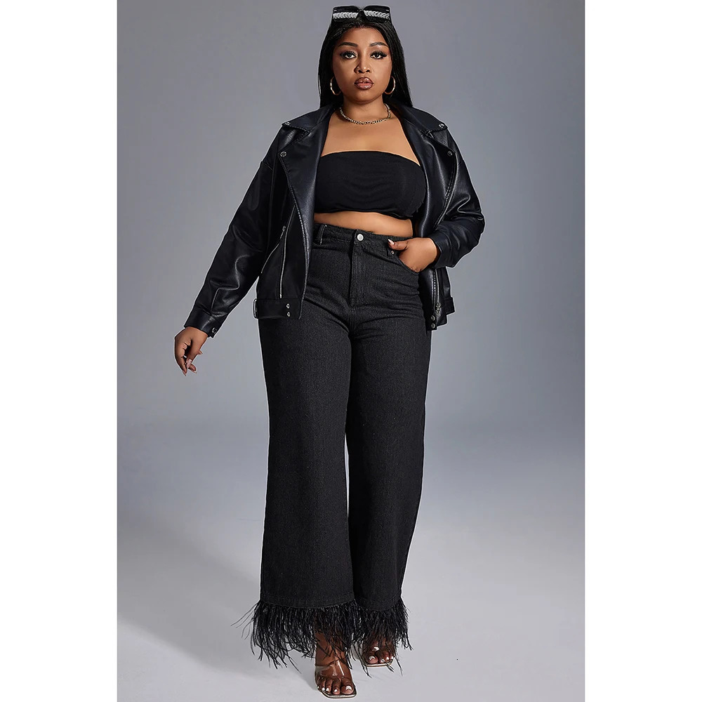 Plus Size Womens Jeans Daily Jean Black Casual High Waist Straight Feather Button Fashion 250311