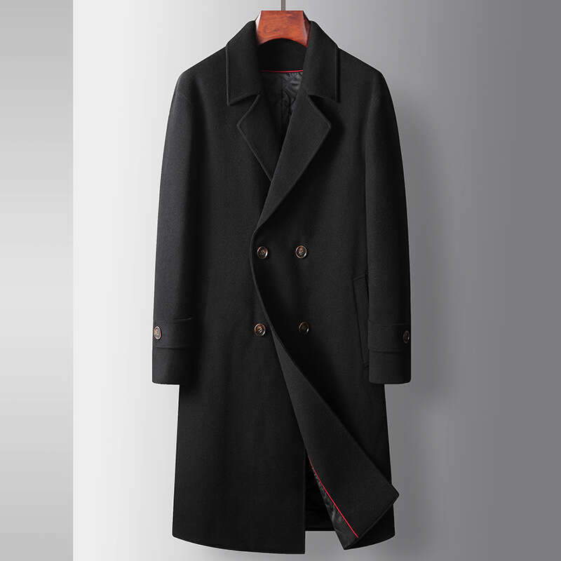 Men's 2024 Autumn/Winter Long Double Breasted Cotton Wool Windbreaker Youth Business Single-Sided Woolen Warm Coat