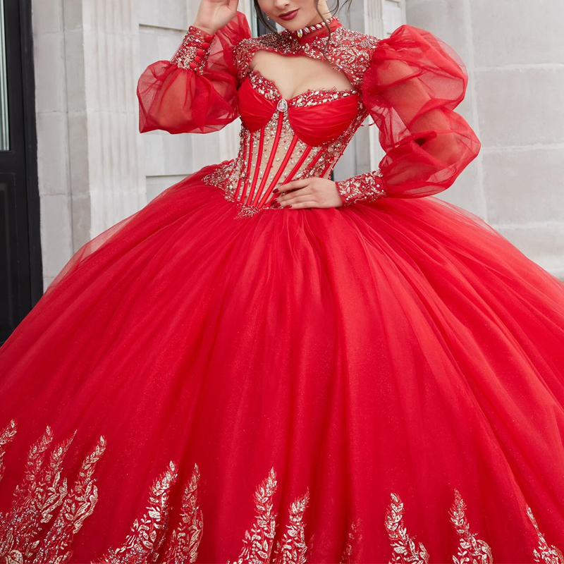 Red Shiny Quinceanera Dresses Ball Gown Off The Shoulder Applique Lace Beads Tull Puff Sleeve Party Birthday Sweet 16 Dress Vestidos 15 De Anos