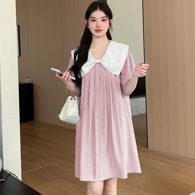 Navy Collar Pregnant Women Short Dress Loose Summer Short Sleeve Maternity Pleated Dress Sweet Pregnancy Chiffon Dress Blue PinkT250311