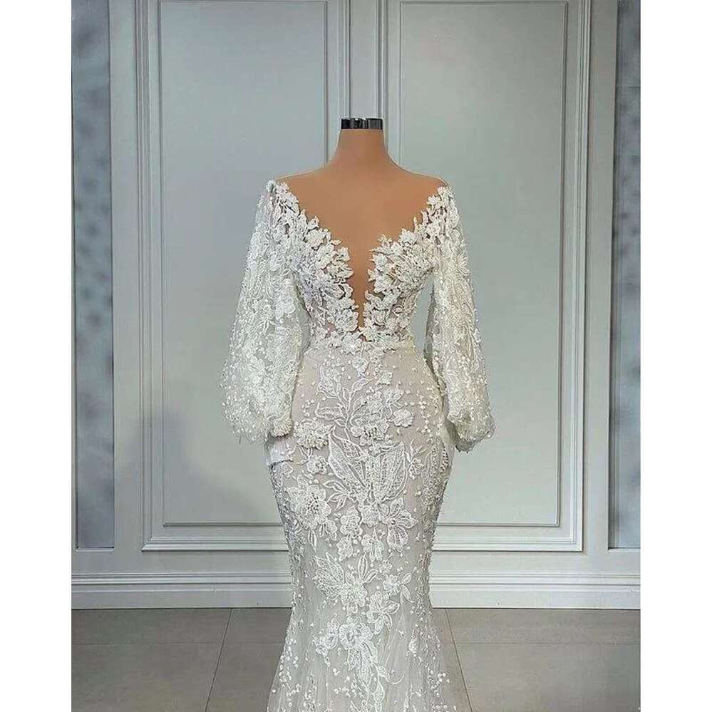 Sleeve Long Mermaid Wedding Dresses Sheer Neck Full Lace Ral Beaded African Trumpet Fishtail Beach Aso Ebi Bridal Gowns Custom Made
