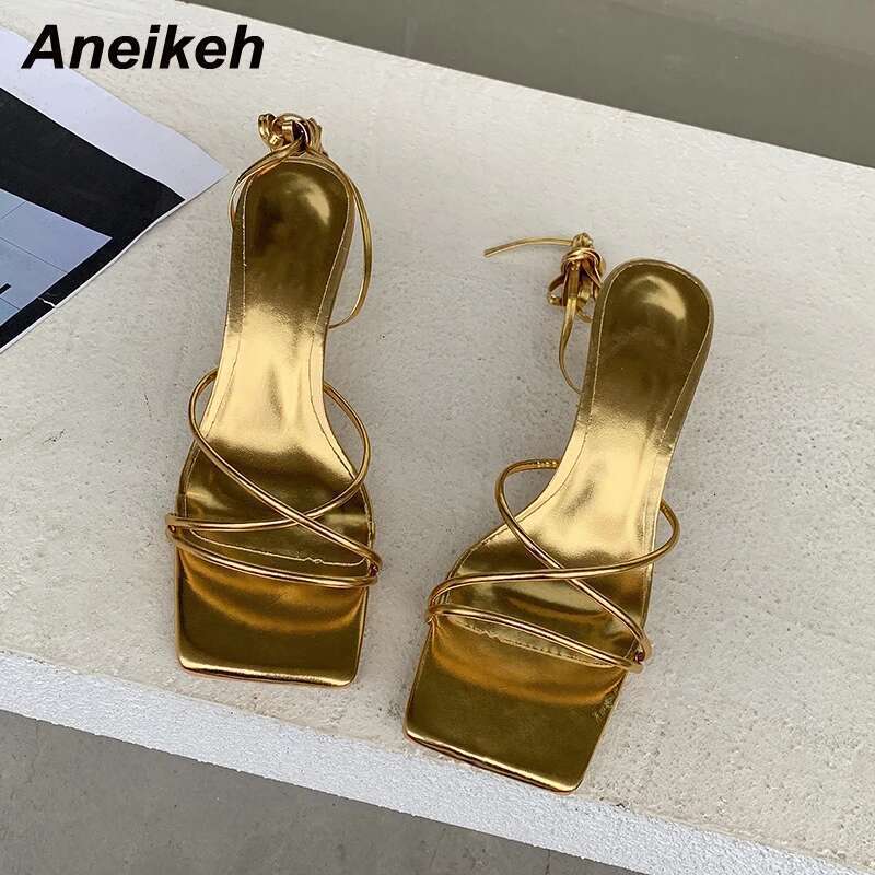 Fashion Aneikeh 2025 Patent Leather Sandals Thin Low Heel Cross-tied Lace Up Rome Summer Gladiator Women Narrow Band Party Shoes