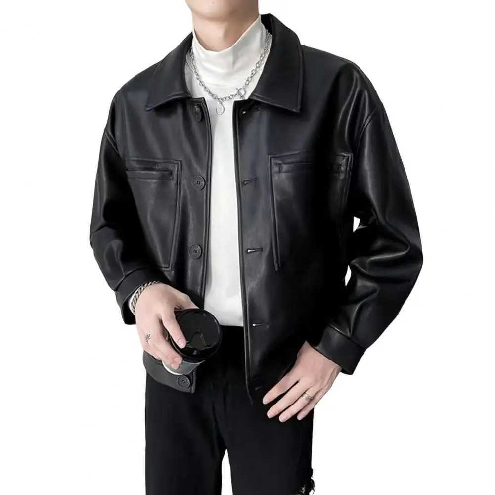 Retro Men Jacket Faux Leather Lapel Long Sleeve Single-Breasted Jacket Coat Loose Waterproof Warm Jacket PUT250311