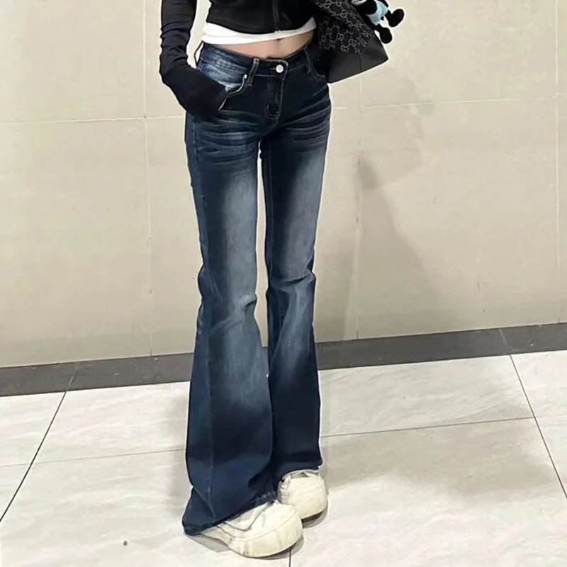 Womens Fashion Vintage Dark Blue Flare Jeans Female Low Waist Bell Bottom Pants Girls Stretch Streetwear Denim Trousers 250311