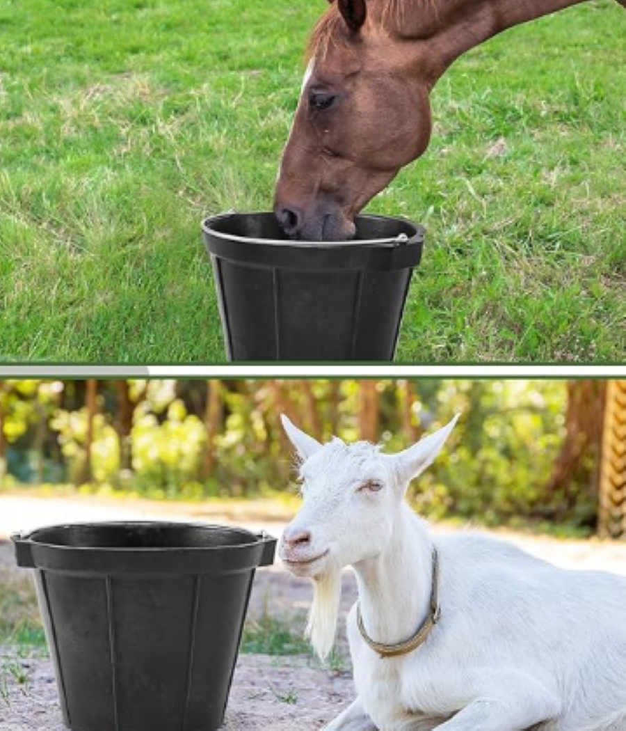 Practical 2-Pack of Black Rubber Horse Feed Buckets - 8 QT Each, Handles Included for Easy Use, Suitable for Horses, Goats, and Dogs