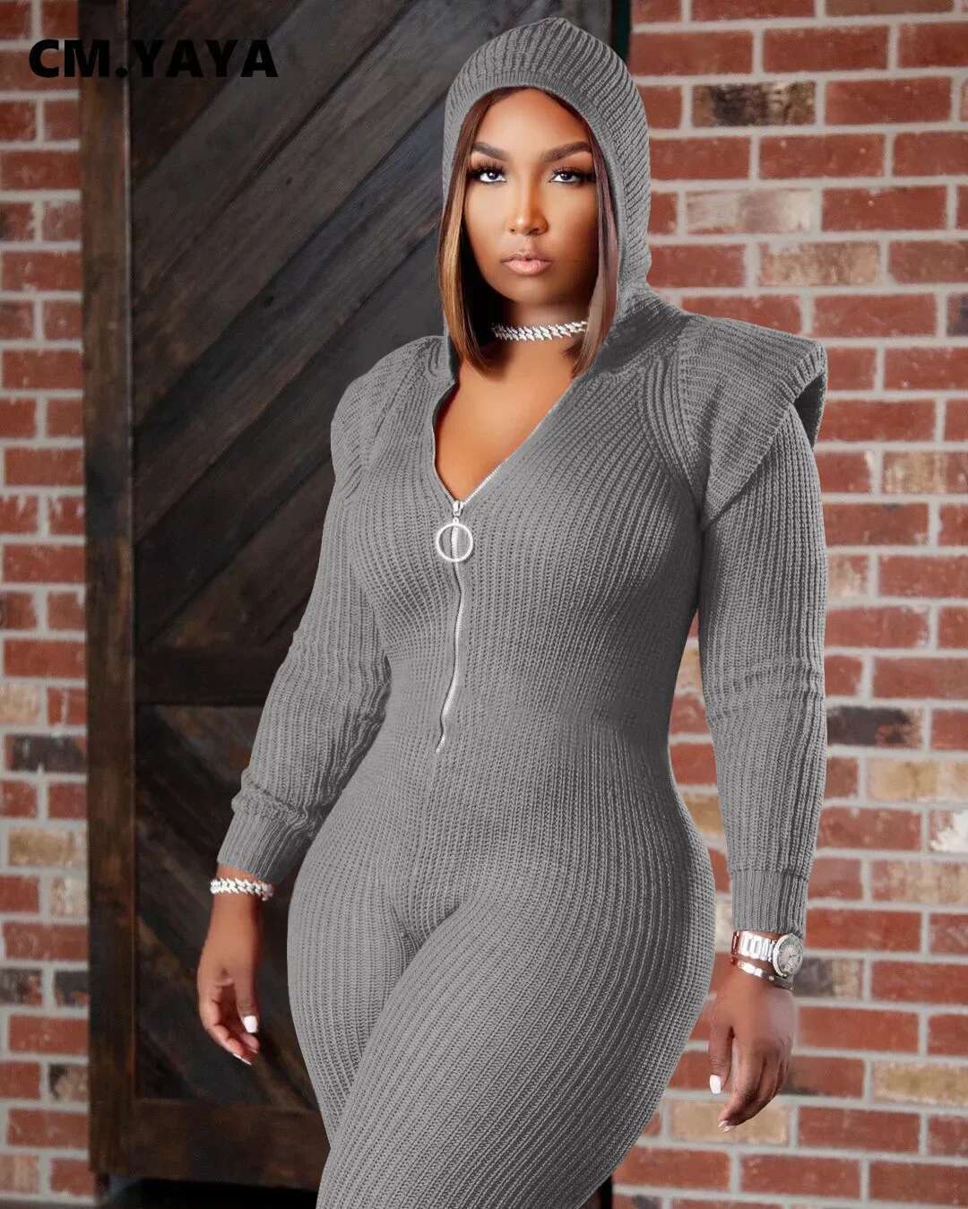 Cm.Yaya Winter Spring Knitted Women Zipper Fly Hooded Solid Sexy Jumpsuit Elegant Long Sleeve Romper One Piece Overalls Playsuit