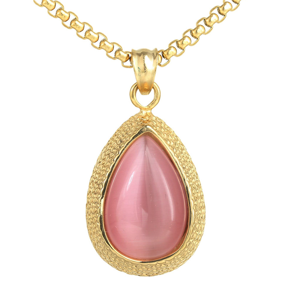 Classic Stainless Steel Cat Eye Stone Waterdrop Pendant Necklace Sweater Chain