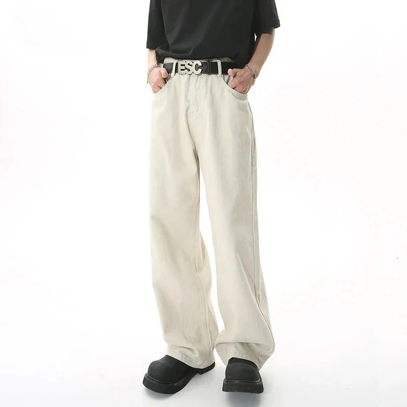 Mens Streetwear Korean Loose Straight Denim Pants Trousers Baggy Beige Jeans Fashion Casual Oversized Wide Leg 250311