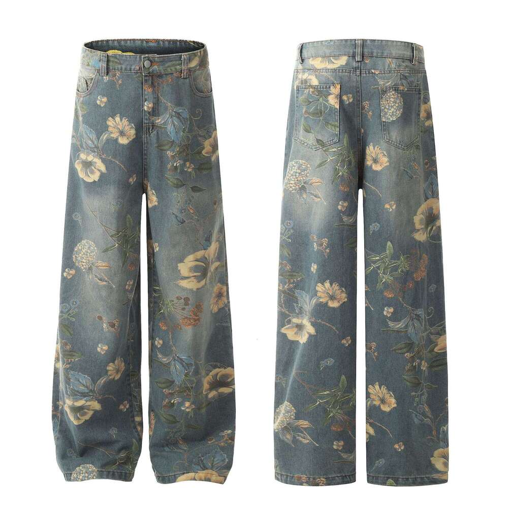 Jiayiku Trendy Brand 2024 Autumn/Winter New American Flower Printed Micro La Jeans For Men And Women Vibe Pants