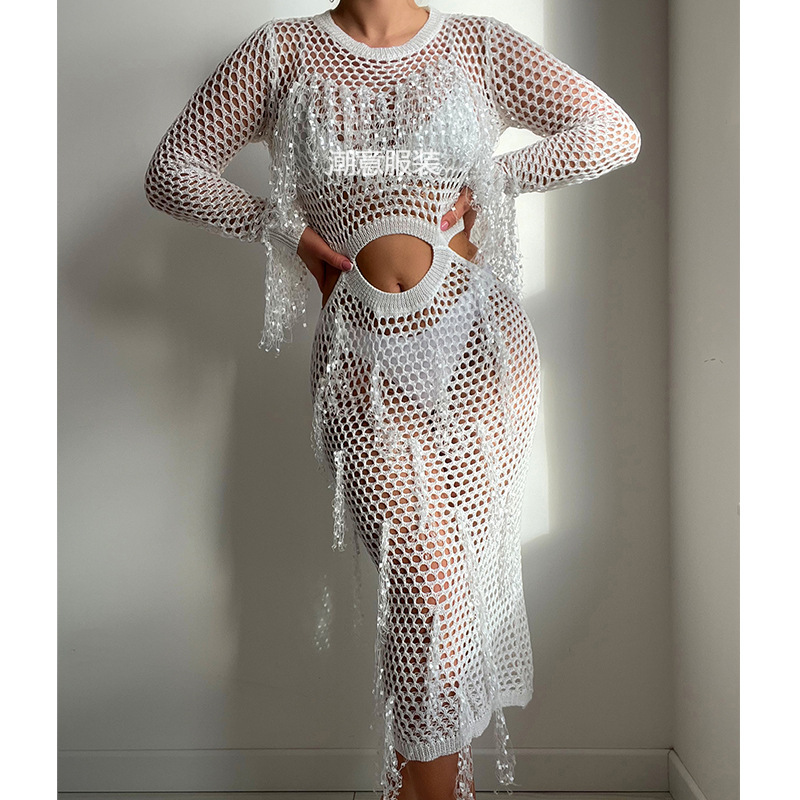 Hollow Knit Sequins, Tassel Round Neck, Exposed Waist Sleeved Vacation Dress, Swimsuit Outer Cover, Sun Protection Clothing, Long Skirt