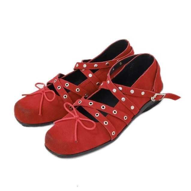 High Quality Sheepskin Women s Red Bow Small Order 2025 Spring And Summer Genuine Leather Shallow Mouth Rivet Ballet Fashion Designer Summer Sandals F