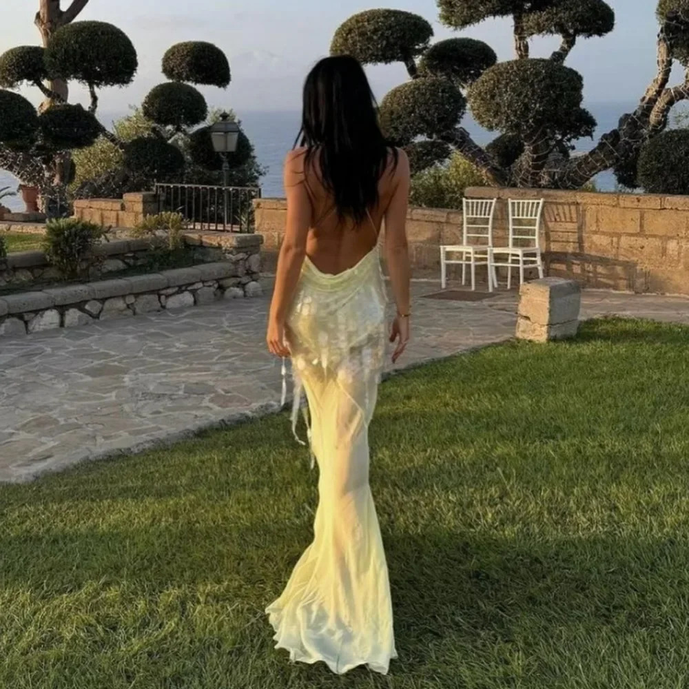 Yellow Sequins Maxi Beach Dress Women Sexy Backless Slim Party Fishtail Dresses Summer Mesh Patchwork Sheer Holiday Dress