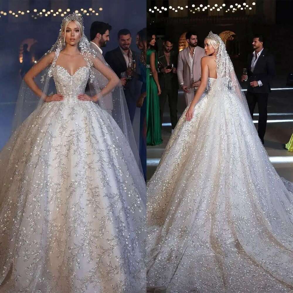 Vintage Sleeveless Ball Gown Wedding Cute Sweetheart Sequins Lace Dresses Glitter Applique Bridal Robe