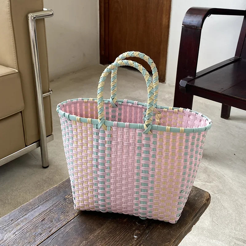 2024 New Vegetable Basket Summer Fashion PVC Handbag Hand Woven Bag Patchwork Striped Tote Beach Bags Purses and Handbags R250311