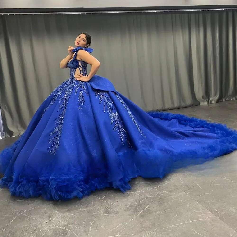 Fancy King Blue One Shoulder 15 Prom Quinceanera Dresses 2025 Beaded Appliques Ball Gown Ruched Train Birthday Party Dress