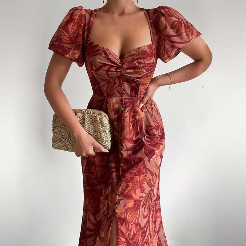 Women's New Style Temperament Printed Sexy Slit Bubble Sleeves High Waisted Winter Dress For Women 661 KLMY