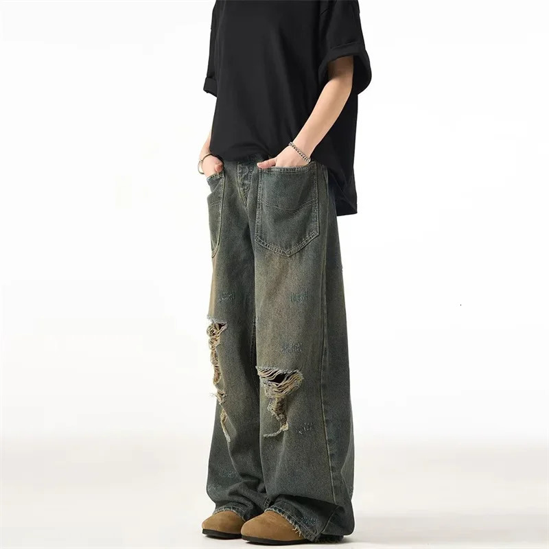 Spring American Retro Ripped Wide Leg Mens Jeans High Street Fashion Distressed Baggy Denim Pants Casual Y2K 250311