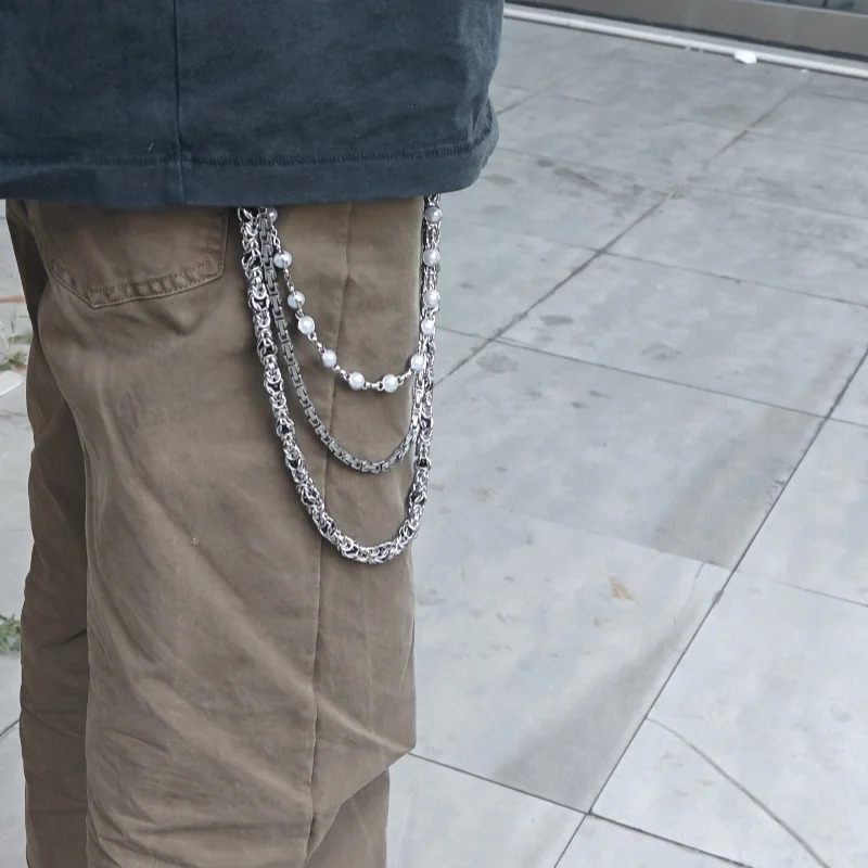 Retro sMonarch Keel Clamp Beads Pearl Pants Chain Three layers Fashion Accessories Hip Hop Punk Ones Waist Concise y2k KeyChain 250303