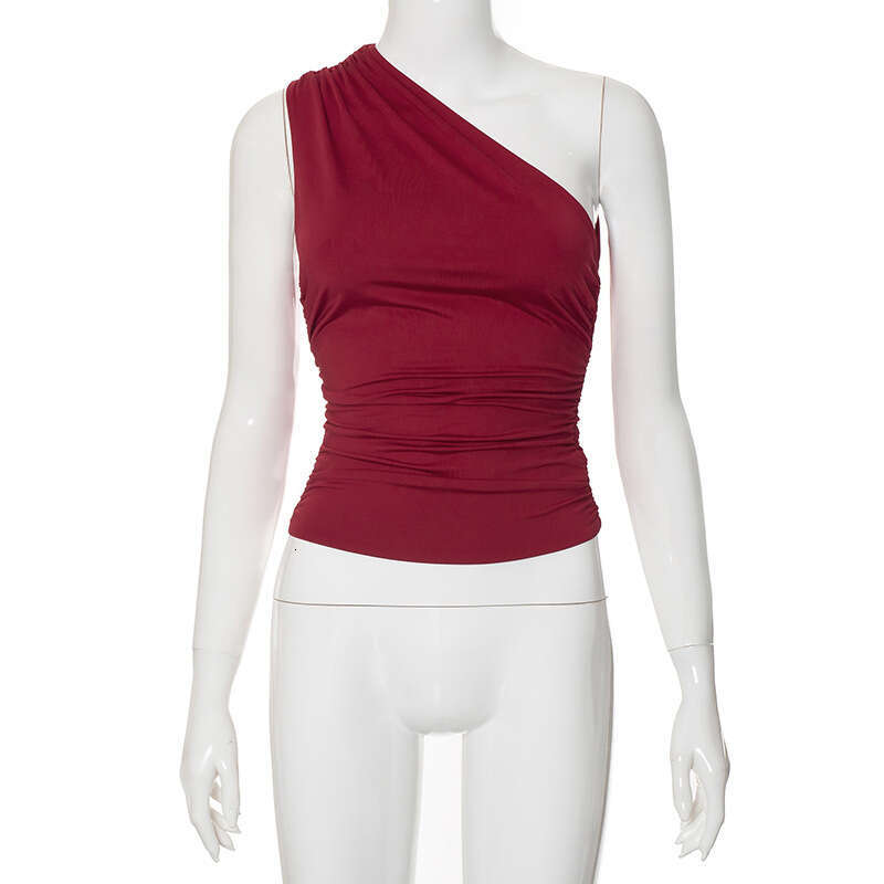 Y23TP703 European and American winter color single shoulder backless pleated vest top T-shirt, women's 2025 new casual fashion trend clothing