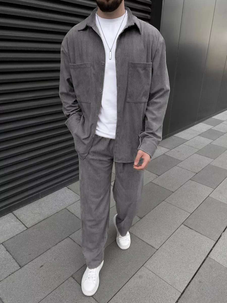 Spring Autumn Europe And The United States Cross-Border Men's Corduroy High Quality Long Sleeve Coat Casual Pants Two Piece