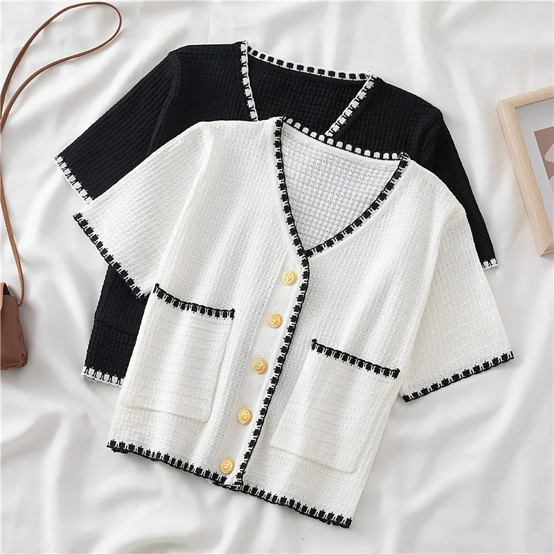Summer Women Solid VNeck Casual Crop Top Singlebreasted Pocket Patchwork Cardigan Versatile Loose Short Sleeve Shirts 250311