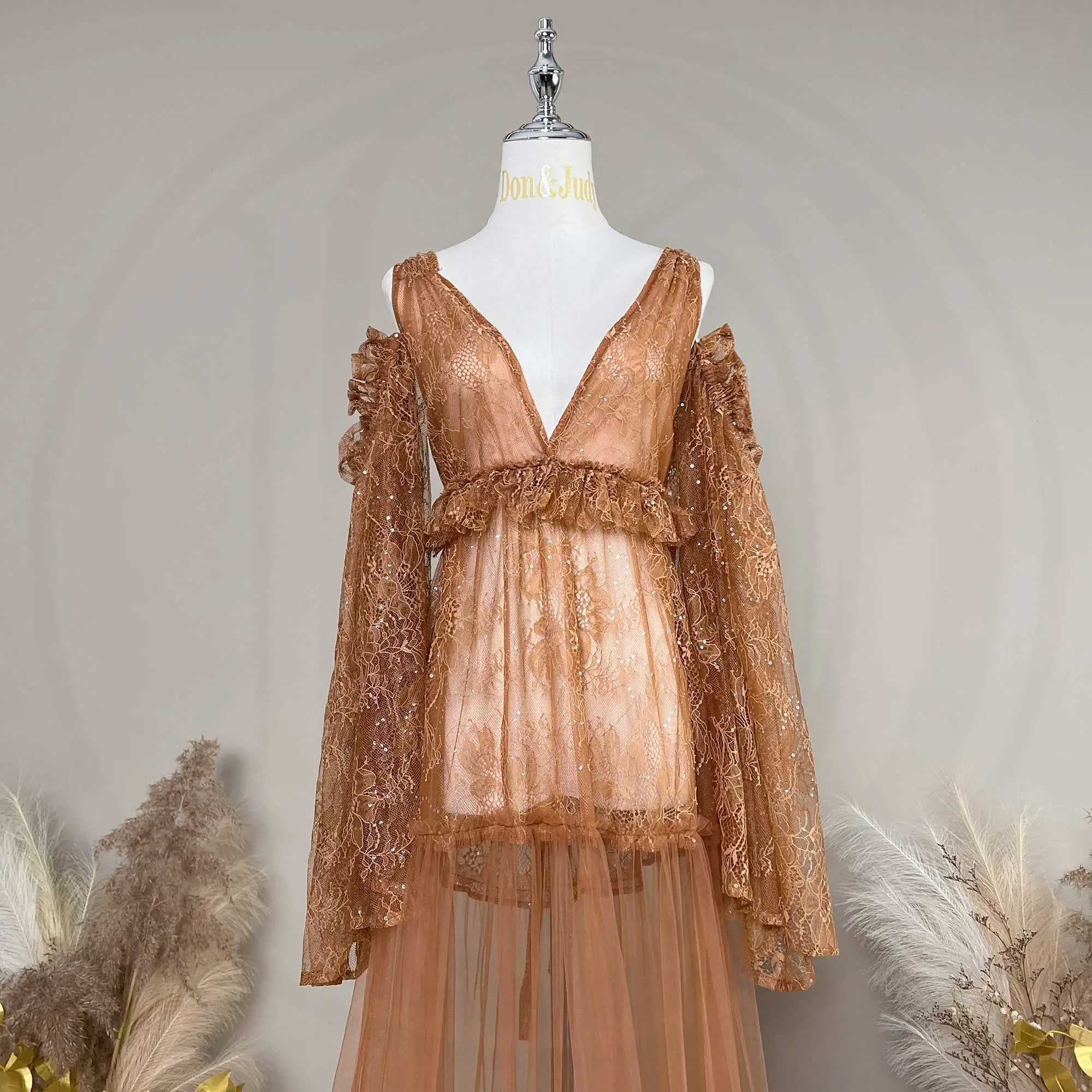 Don Judy Dresses for Pregnant Women Maternity Clothing V-Neck Dress with Sequin and Lace Patchwork Tulle Photography Apparel X250224