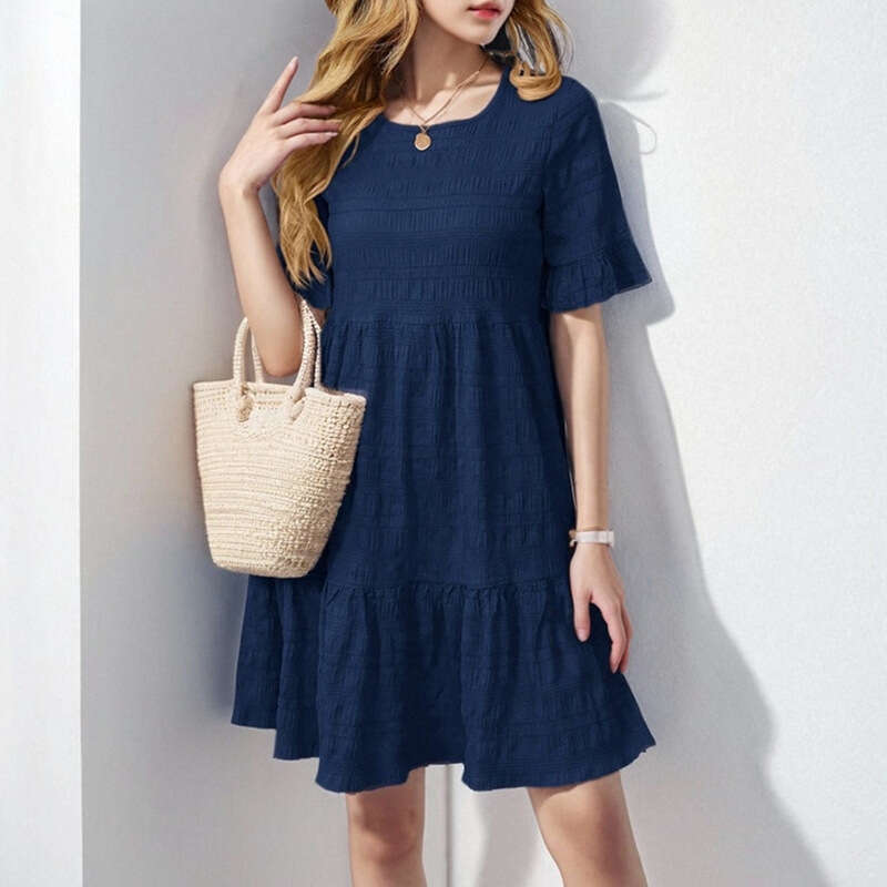 Spring 2025 New Women's Loose Casual Short Sleeved Square Neck Mid Length Dress For Women KLMY