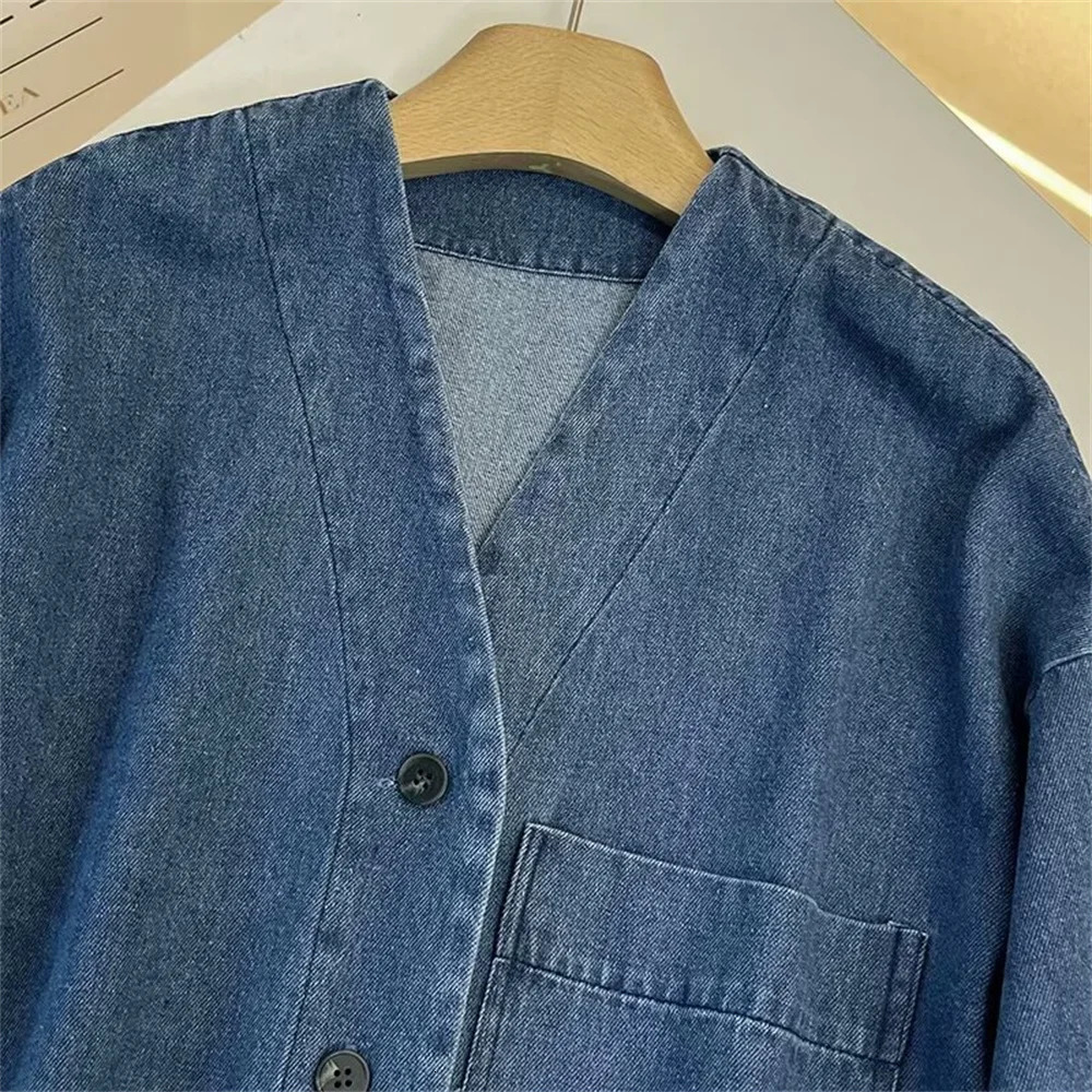 UNIZERA Autumn Product Casual Womens Fashion Versatile Vneck Shoulder Sleeves Denim Shirt Top 250311