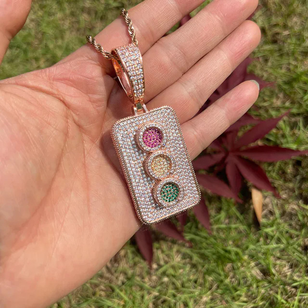 Hip Hop Traffic Lights Pendant Necklace Colorful 5A Zircon Gold Plating Originality Jewelry
