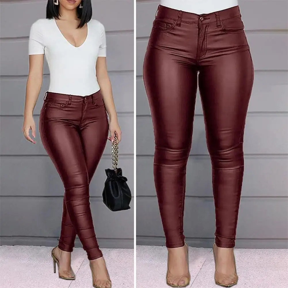 Women PU Leather Pants High Waist Skinny Push Up Leggings Elastic Trousers Spandex Jeggings Streetwear 250305