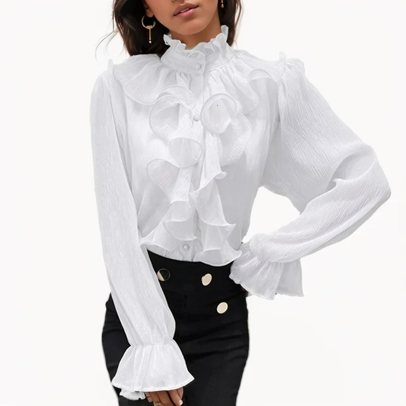 Autumn Vintage Ruffles Clothes Lace Blouse Women Spring Stand Collar White Chiffon Shirt Long Puff Sleeve Loose Tops Elegant 250310