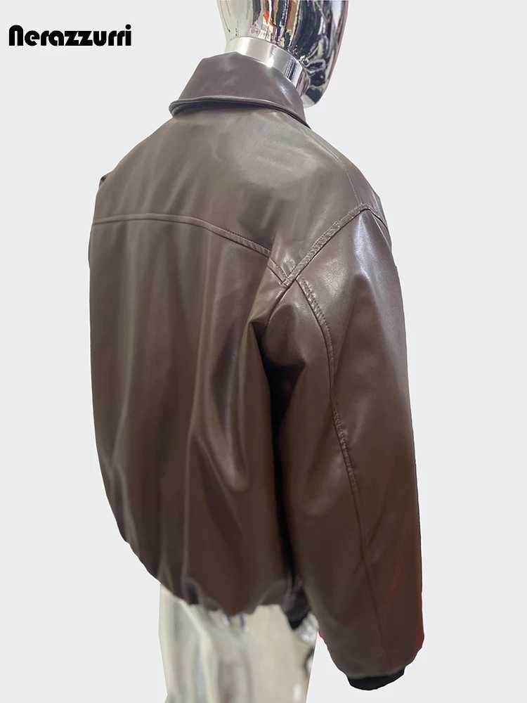 Nerazzurri Spring Autumn Cool Short Oversized Warm Brown Pu Leather Jacket Men Zipper Loose Casual Korean Fashion Clothes 2024T250311