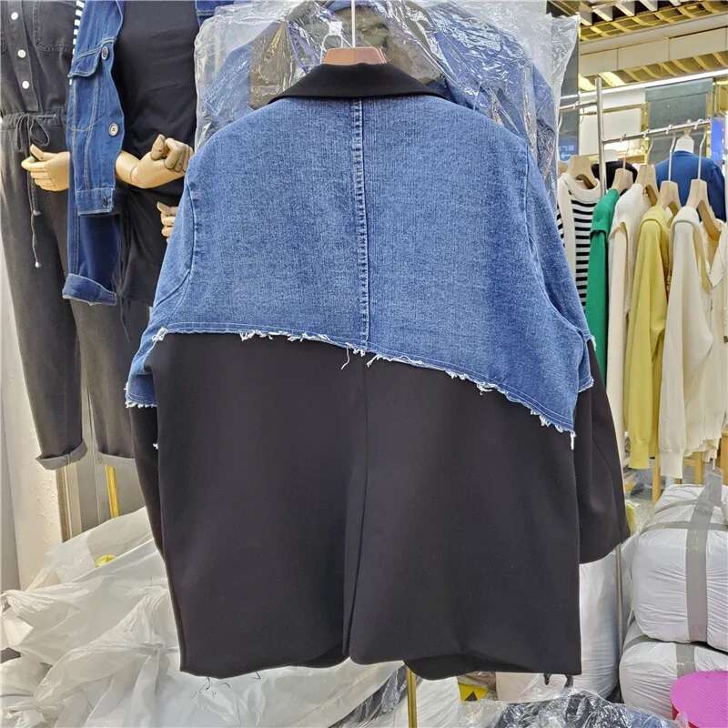 Korean Denim Patchwork Blazer Women Big Pocket Outerwear Female Loose Irregular Contour Mid Long Jeans Splicing Suit Jacket Coat