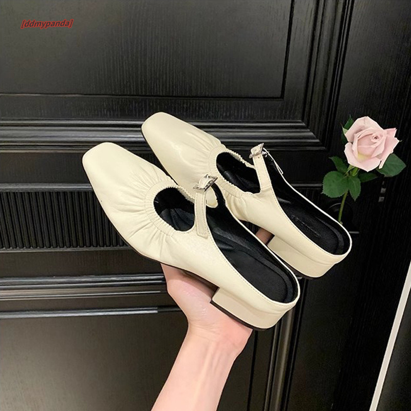 High end sheepskin version~Muse girl French square head pleated with one foot, water diamond buckle, Muller half drag for external fashion ddmypanda