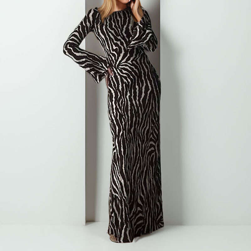 2025 Women's Summer New Style Elegant Printed Round Neck Long Sleeve Casual Dress KLMY