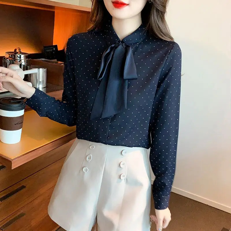 Womens Spring Korean Simple Button Printed Polo Neck Shirt Full Match Fashionable Warm polka dot Long Sleeve 250311