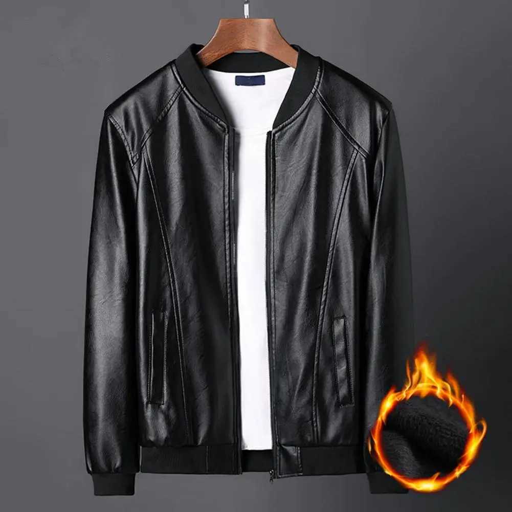 Men Jackets Coat Warm Plush Lining Stand Collar Leather Jacket Bomber Motorcycle Jacket Biker PU Baseball Jacket Men OuterwearT250311