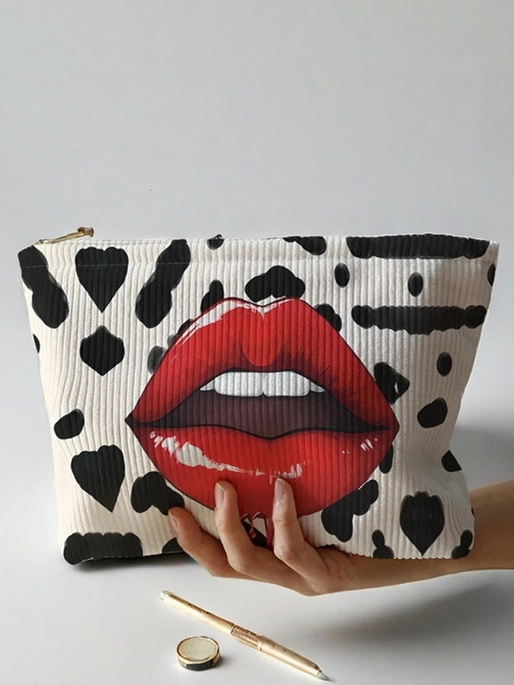 1pcSexy lip pattern printed corduroy zipper makeup bag lightweight and multifunctional cosmetic storage 250311