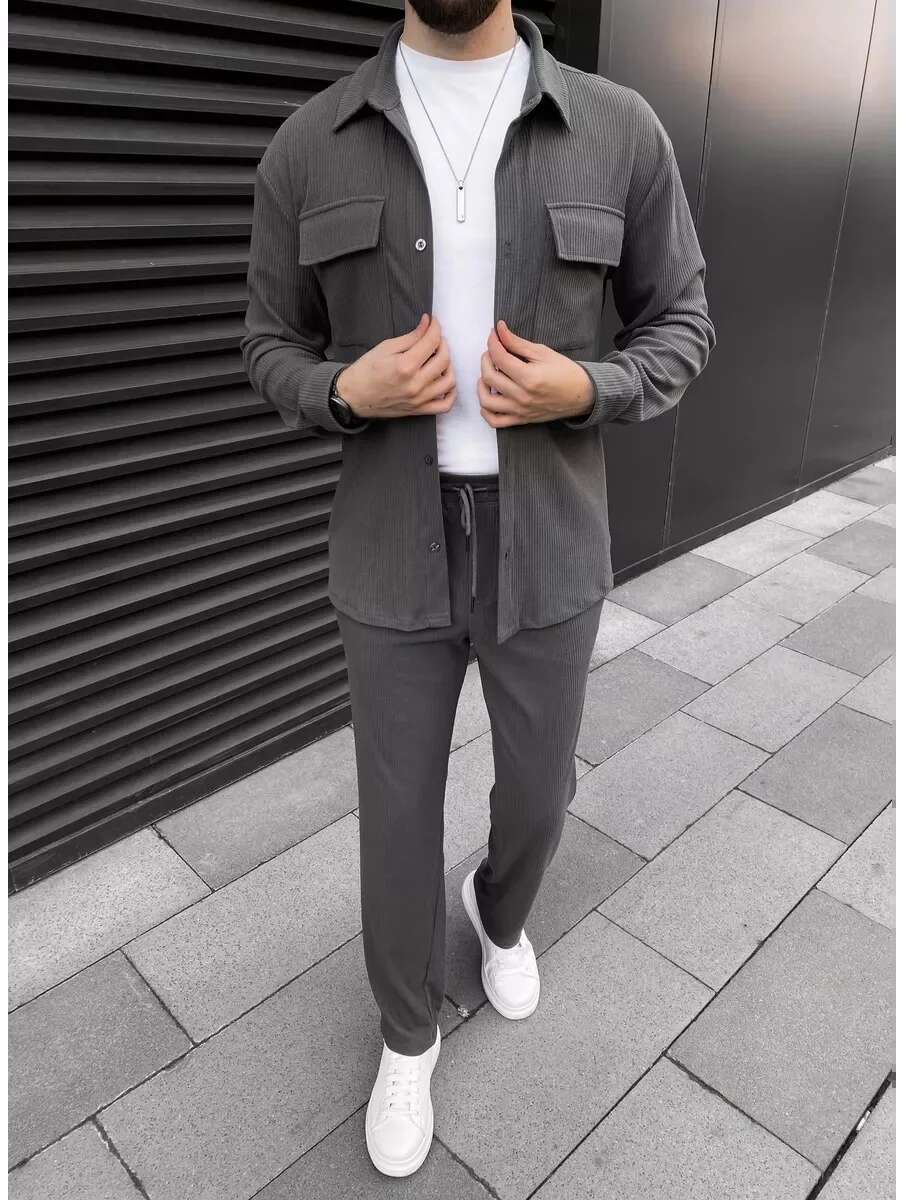 Men Corduroy Two Piece Sets Solid Long Sleeve Lapel Button Slim Coats & Pants Fashion Cargo Casual Trend Streetwear Mens Suits