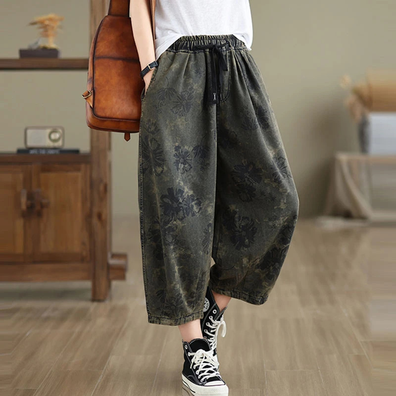 Womens Summer Casual Jeans Arrival Retro Style Flower Printed Loose and Comfortable Cowboy Harem Pants S010 250311