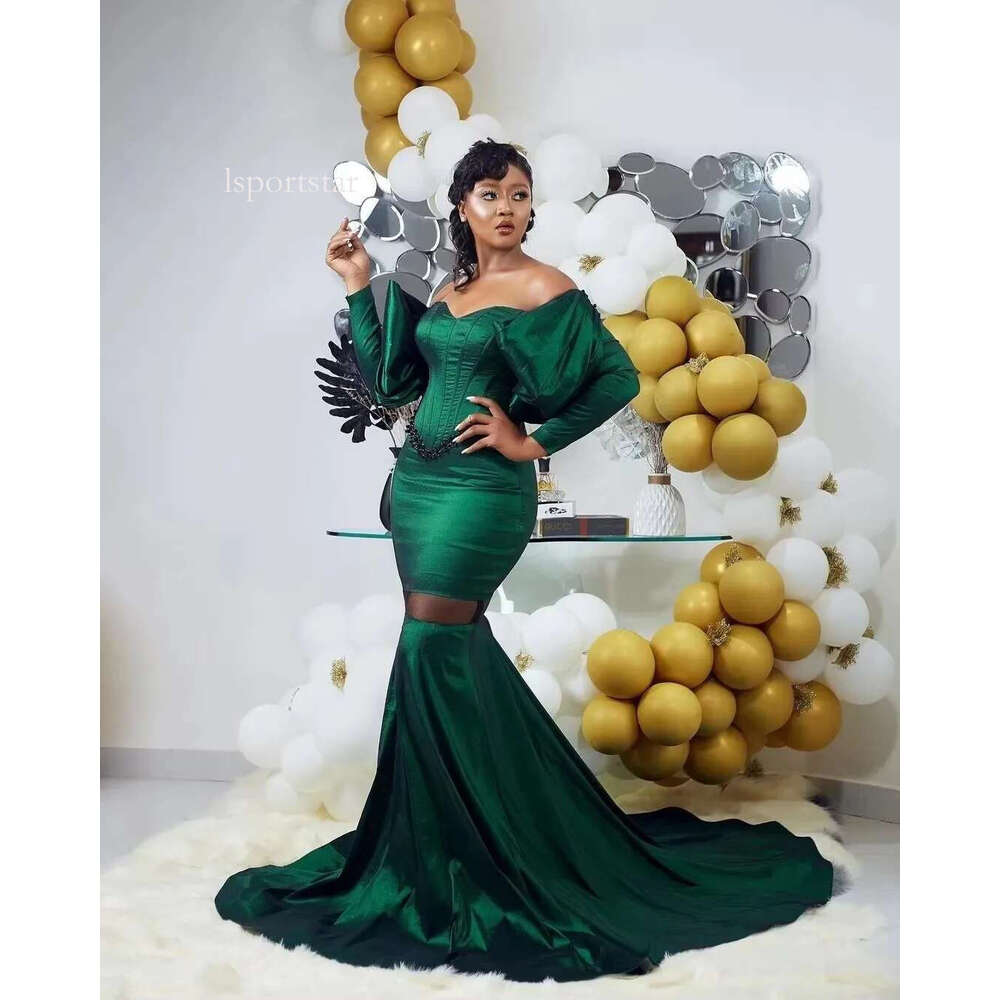 2025 Aso Ebi Dark Green Mermaid Prom Dress Off The Shoulder See Through Long Sleeves Formal Party Gowns Robe Customized