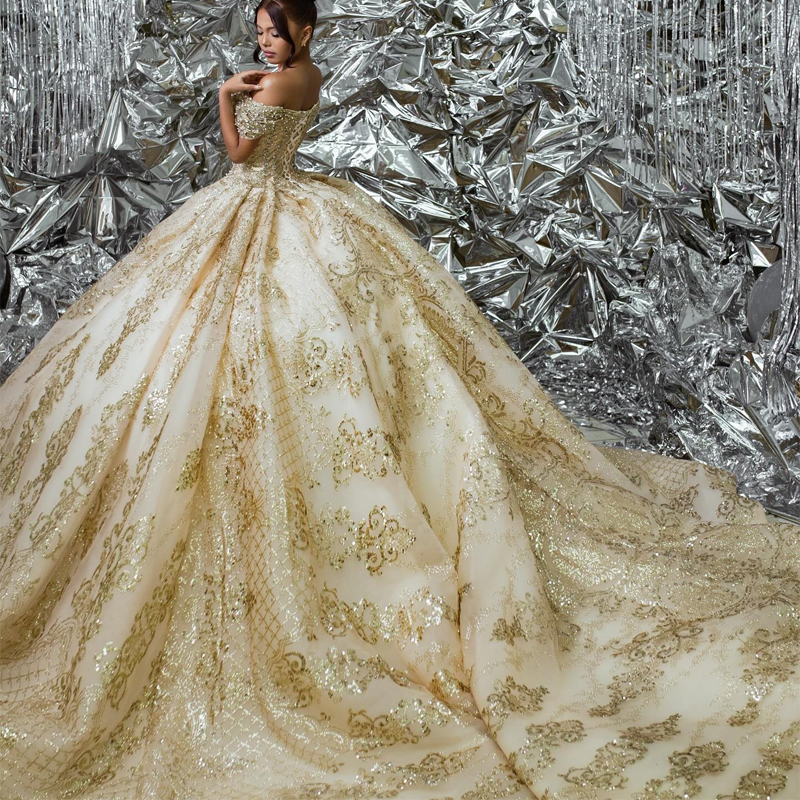 Champagne Shiny Off Shoulder Quinceanera Dresses Sequin Applique Lace Beading Tull Corset Party Birthday Sweet 16 Dress Vestidos 15 De