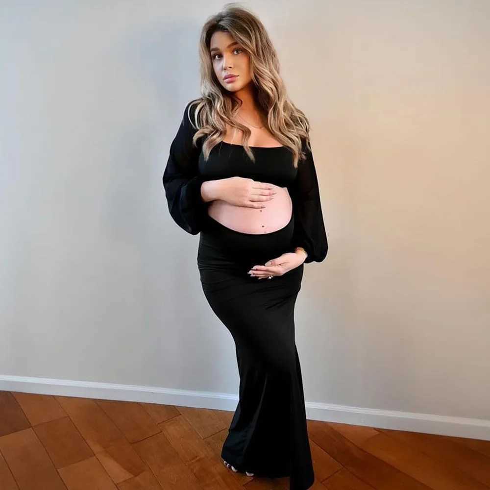 Maternity Dress For Photoshoot Mesh Slim Lantern Sleeves Cut-Out Backless Gown Pregnancy Dresses For WomenT250311