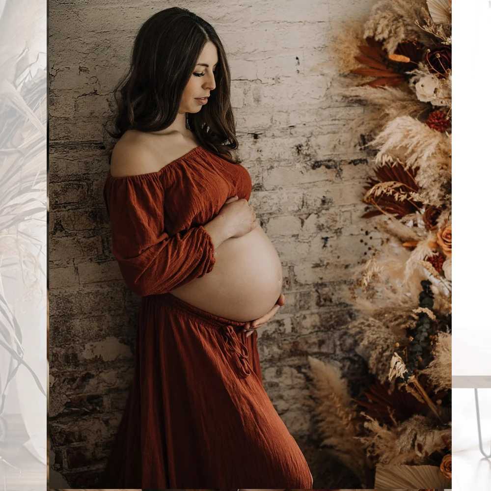Comfortable Linen Cotton Two-Piece Set Long Sleeved Short Top With Lace Up Floor Mop Dress Bohemian Style Maternity Photo Dress X250224