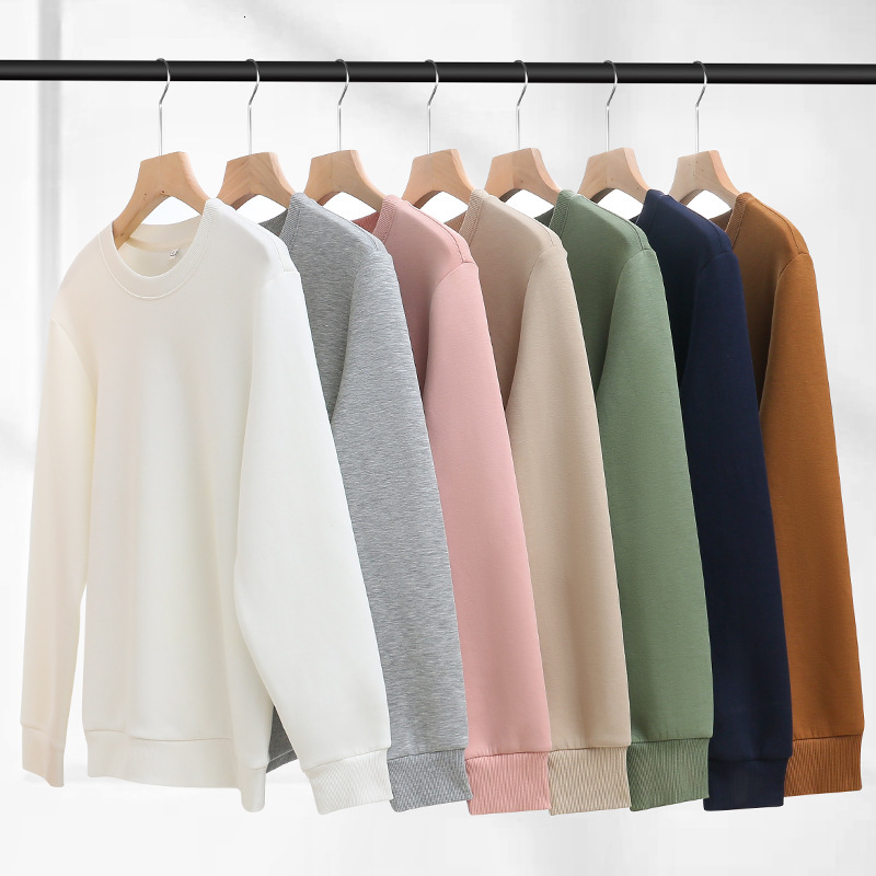 Long sleeved air layer hoodie for men's business leisure, solid color, thick autumn and winter new item, white T-shirt, round neck tracksuit
