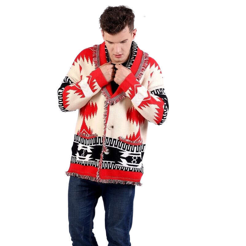Men's New Coarse Needle Sweater, Thickened Wool Jacquard Knitted Cardigan, Niche Contrasting Color British Coat